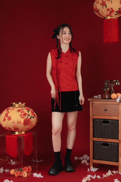 Black Ribbon-Panels High-Waist Cheongsam Mini Skirt
