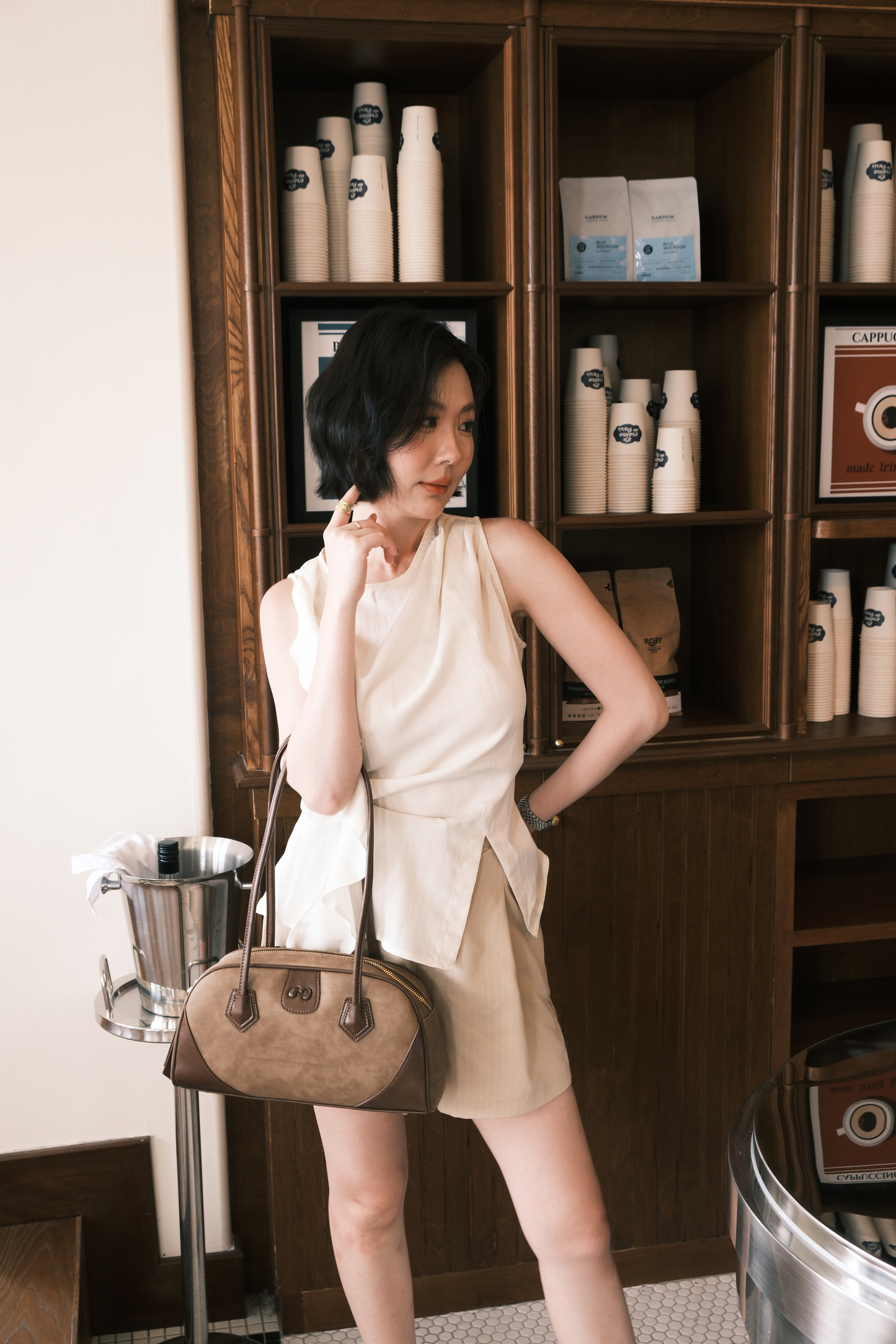 Celeste Draped Ruffle Top in Beige