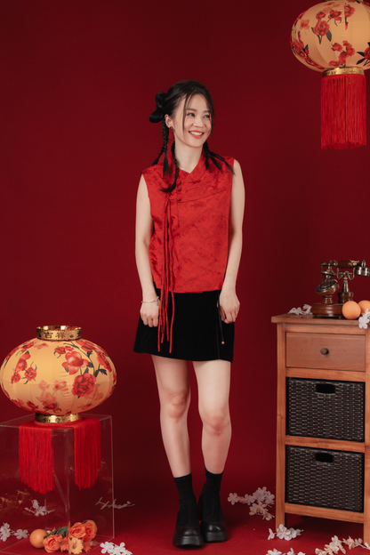 Black Ribbon-Panels High-Waist Cheongsam Mini Skirt