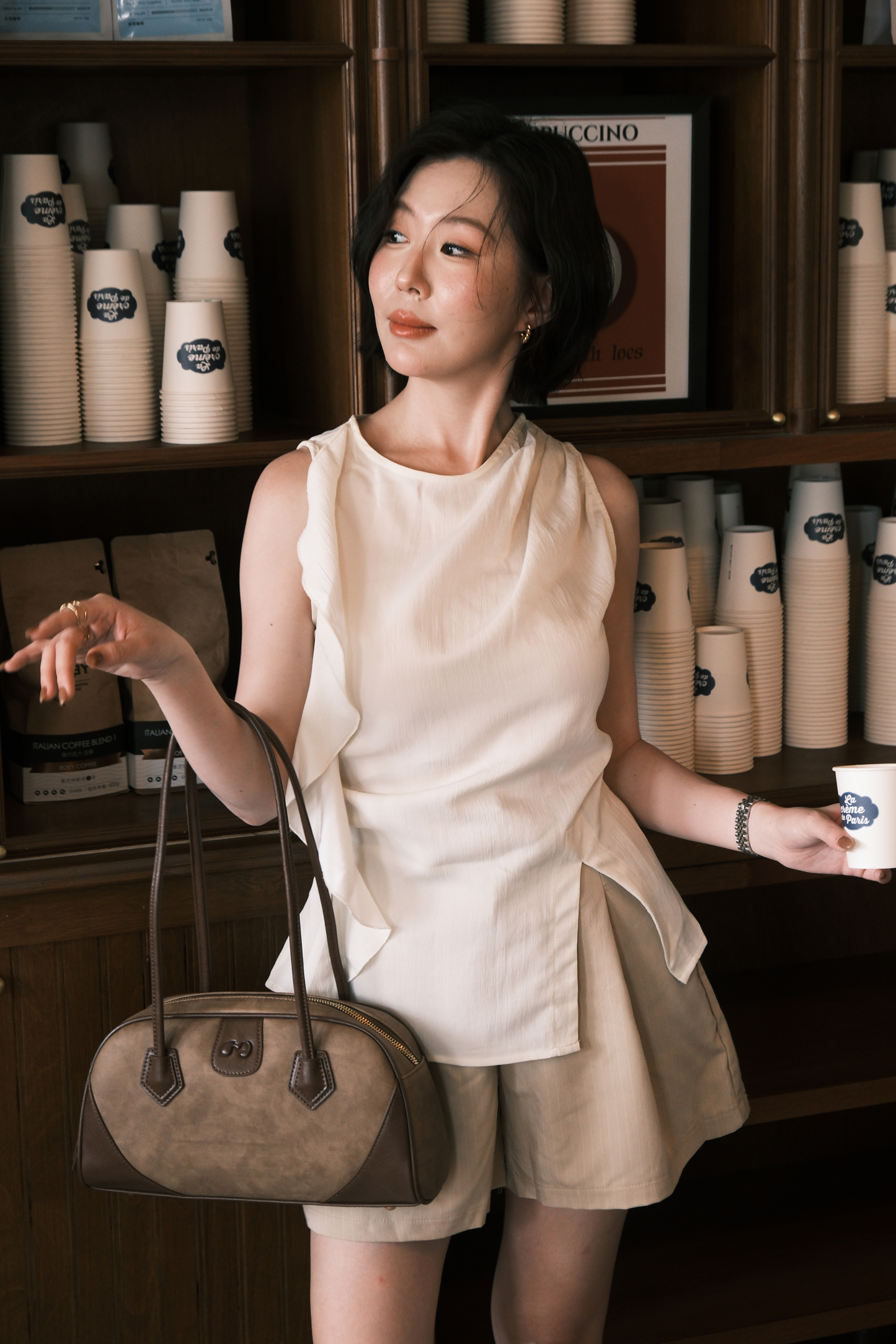 Celeste Draped Ruffle Top in Beige