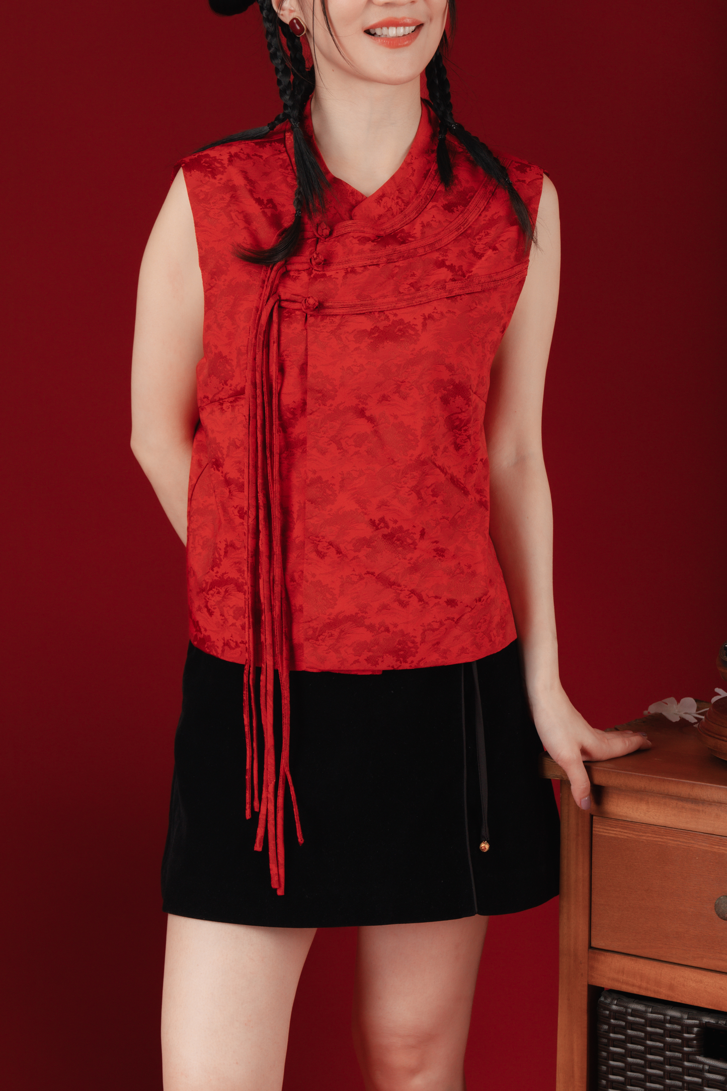 Black Ribbon-Panels High-Waist Cheongsam Mini Skirt