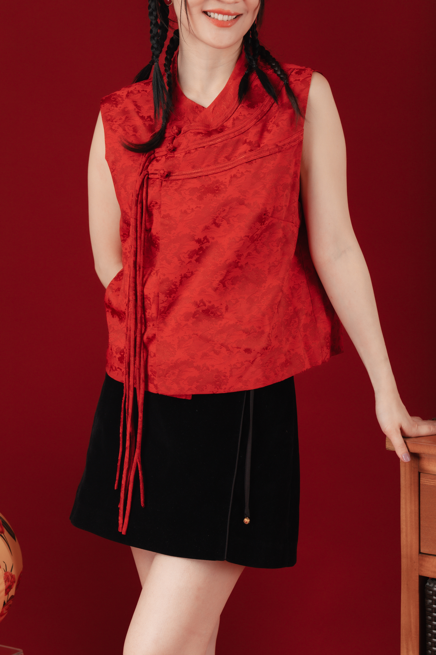 Black Ribbon-Panels High-Waist Cheongsam Mini Skirt