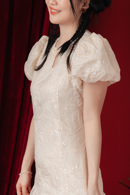 Yvette Embroidered Puff-Sleeve Dress