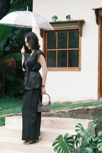 Olienne Satin Wrap Set in Black