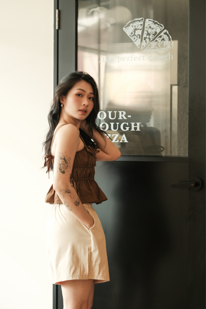 Amélie Ruched Bow Strap Top in Brown