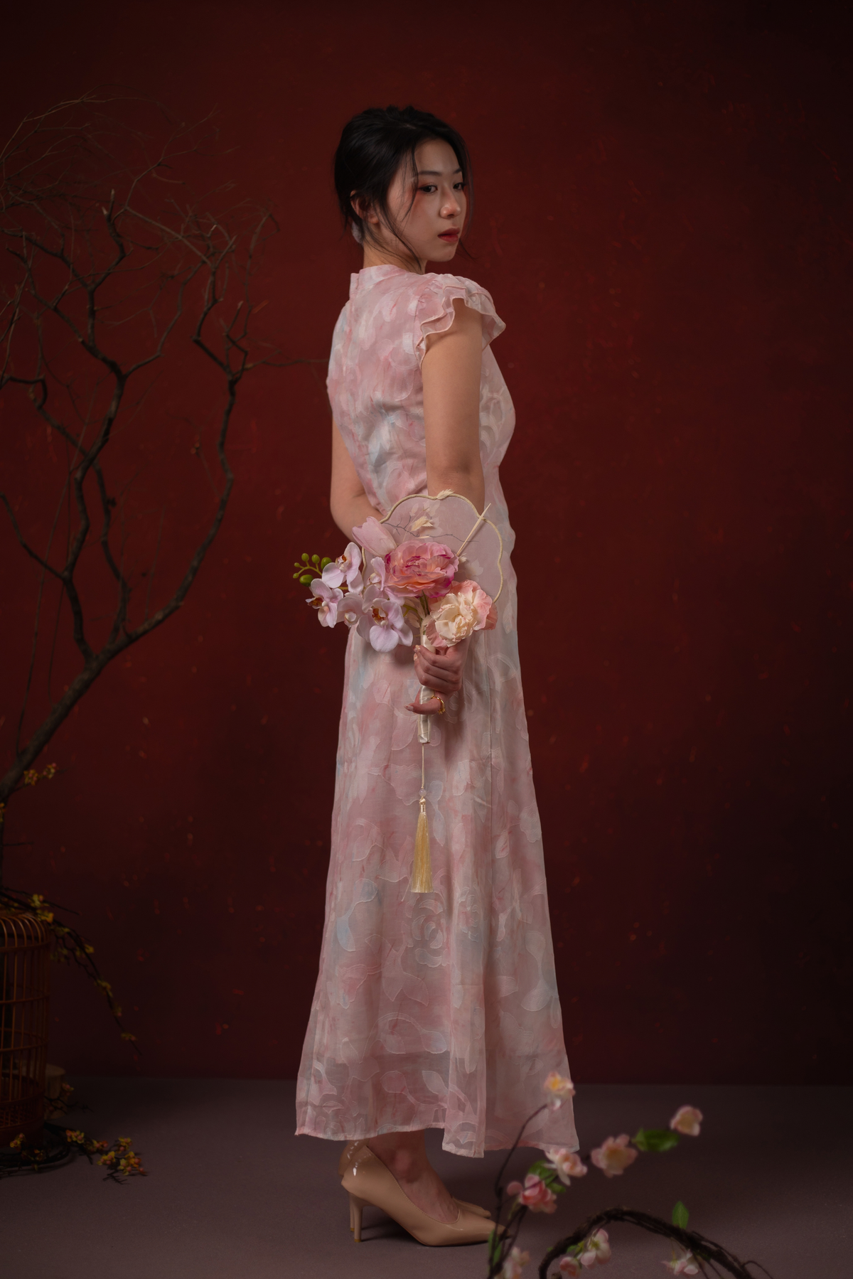 Fleur Rosée Cheongsam Dress in Blush Pink