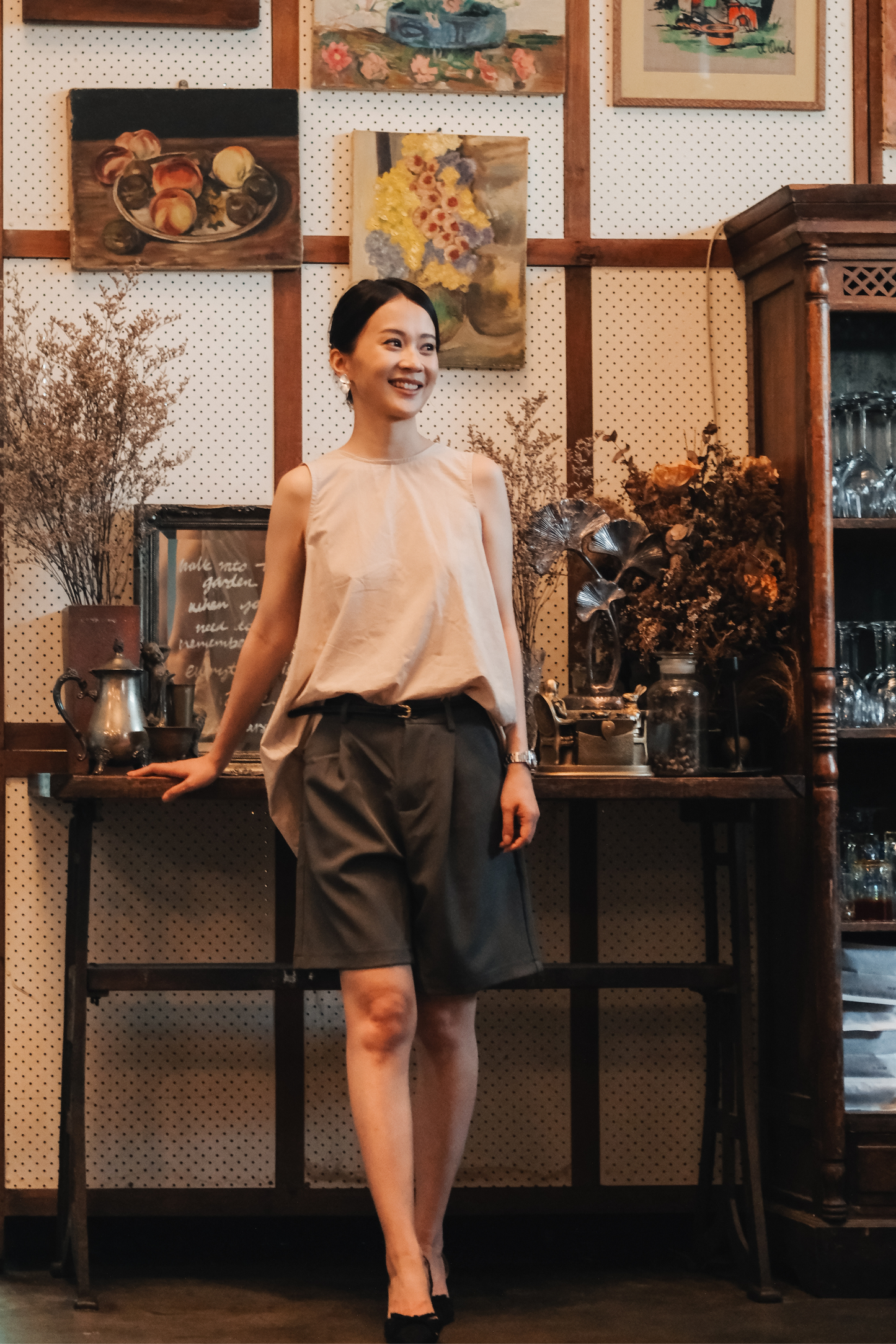 Inès Draped Back Knot Top in Beige