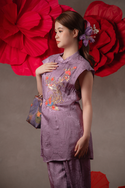 Talia Golden Cheongsam Top & Pants Set in Mauve