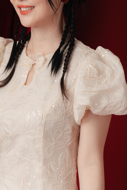 Yvette Embroidered Puff-Sleeve Dress