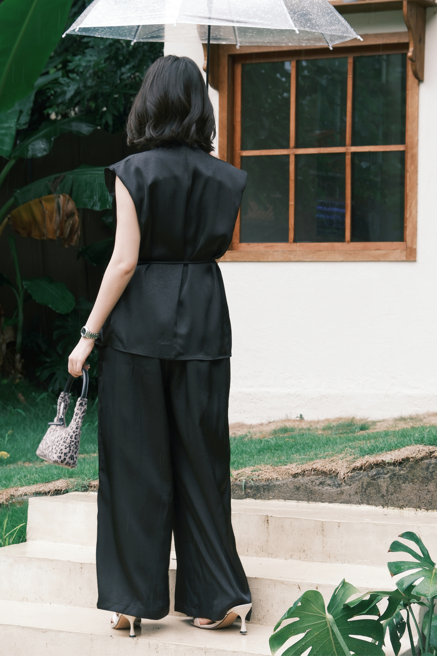 Olienne Satin Wrap Set in Black