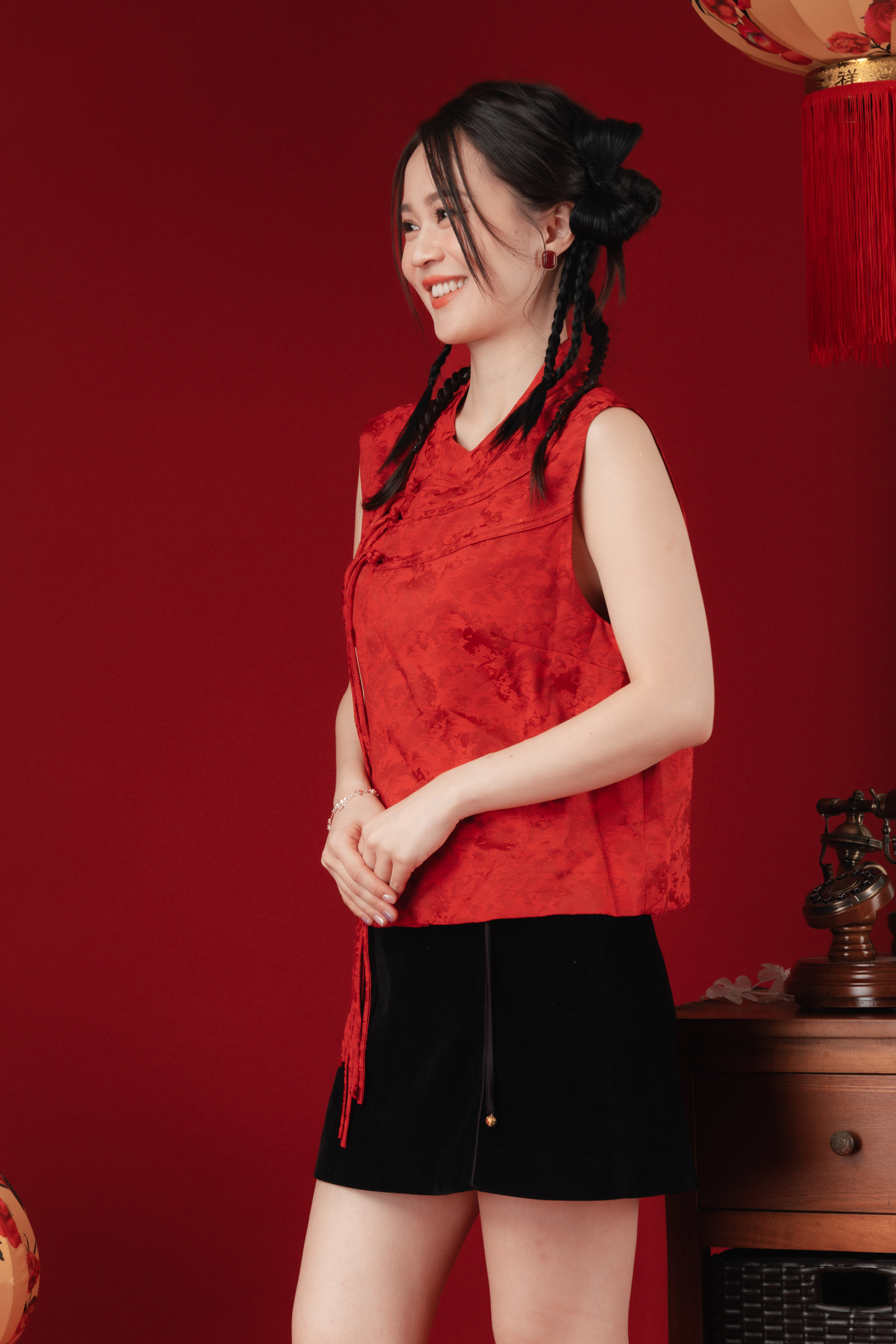 Black Ribbon-Panels High-Waist Cheongsam Mini Skirt
