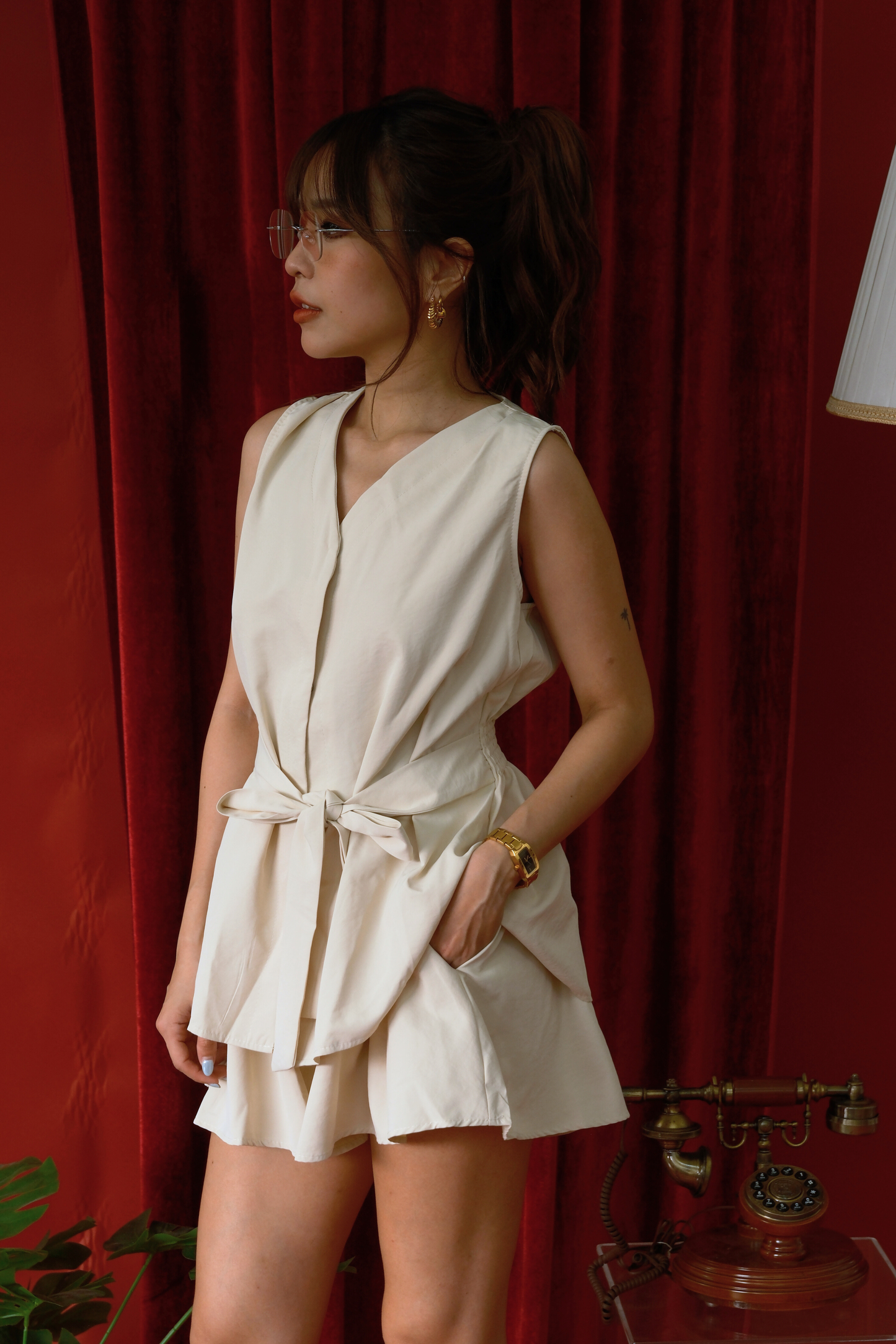 Isla Layered Ruffle Cami & Shorts Set in Beige