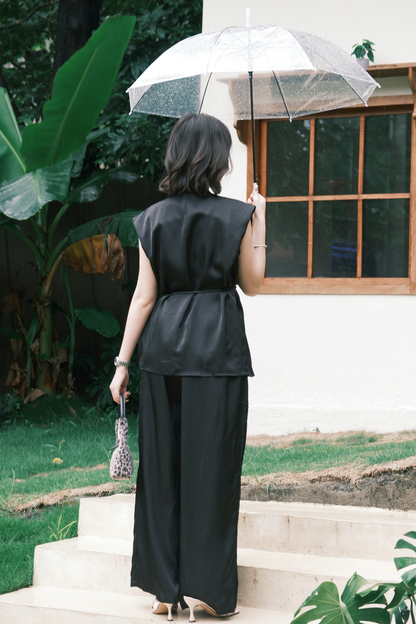Olienne Satin Wrap Set in Black