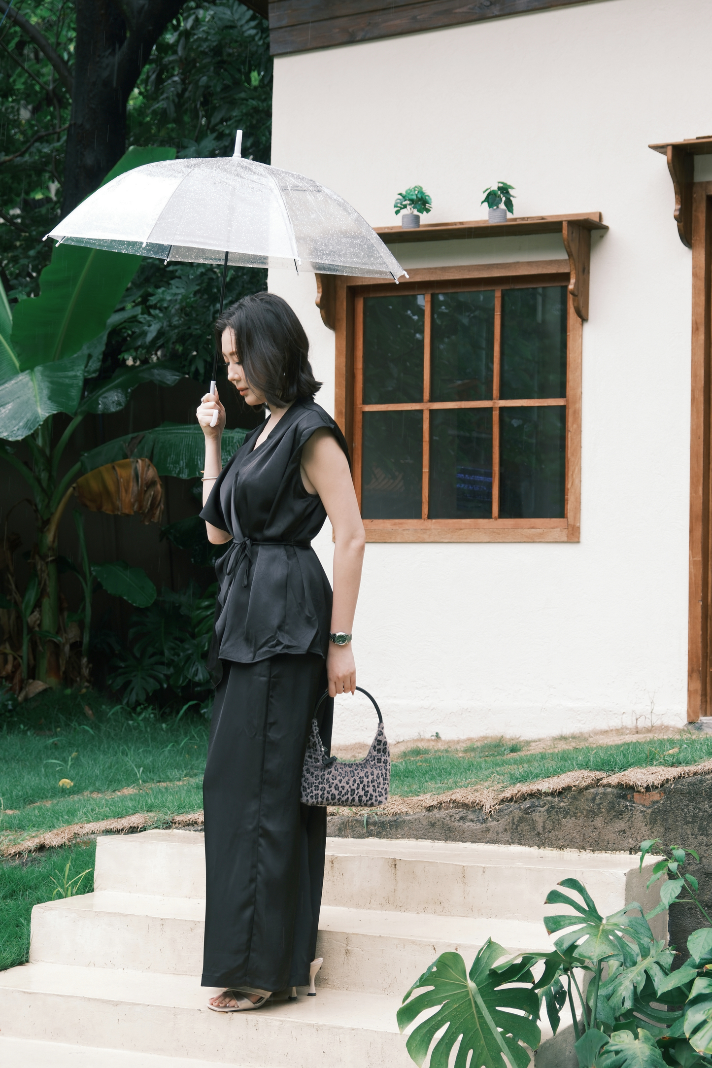 Olienne Satin Wrap Set in Black