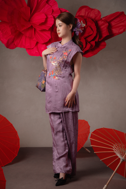 Talia Golden Cheongsam Top & Pants Set in Mauve