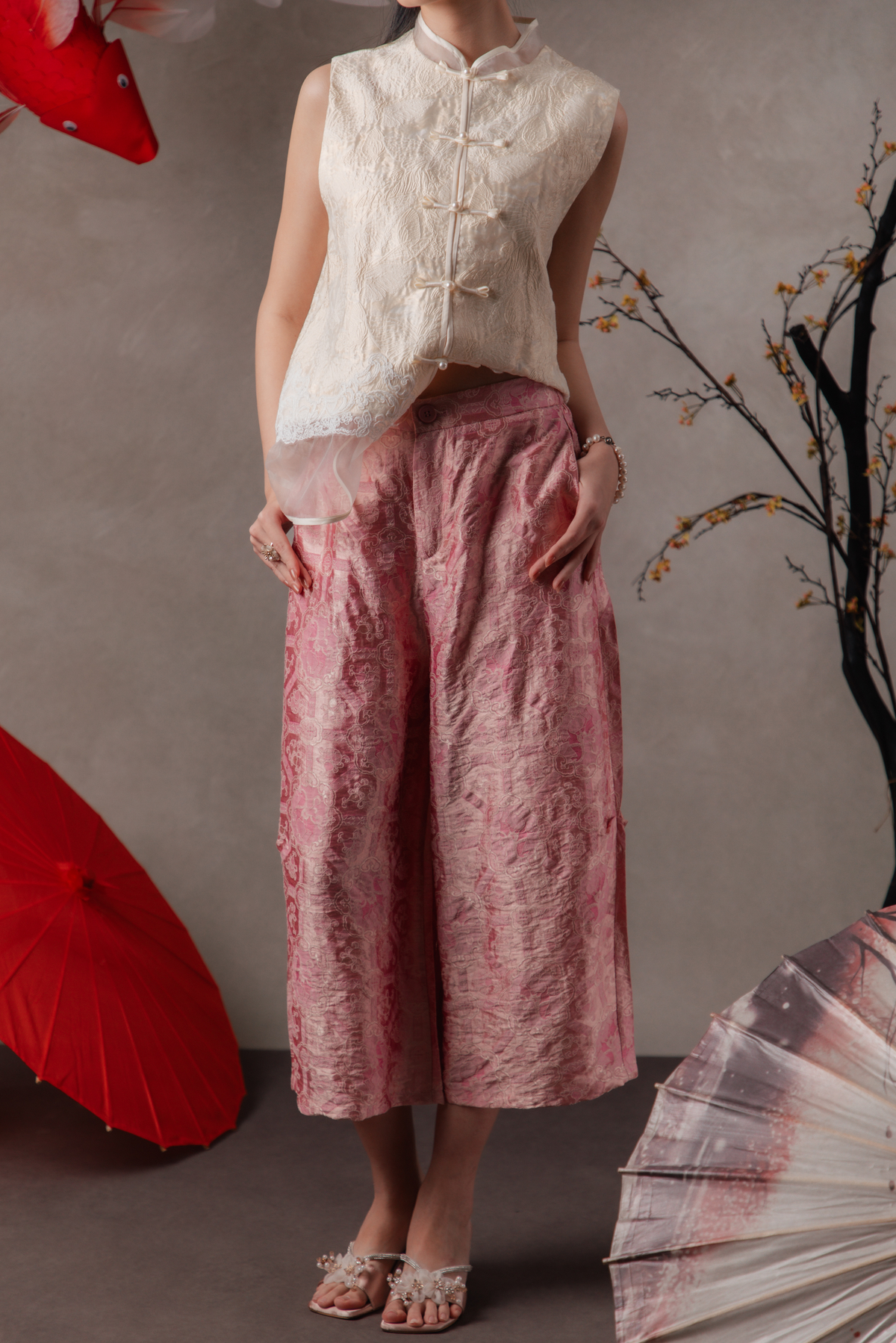 Cara Crinkle Wide-Leg Pants in Dusty Rose