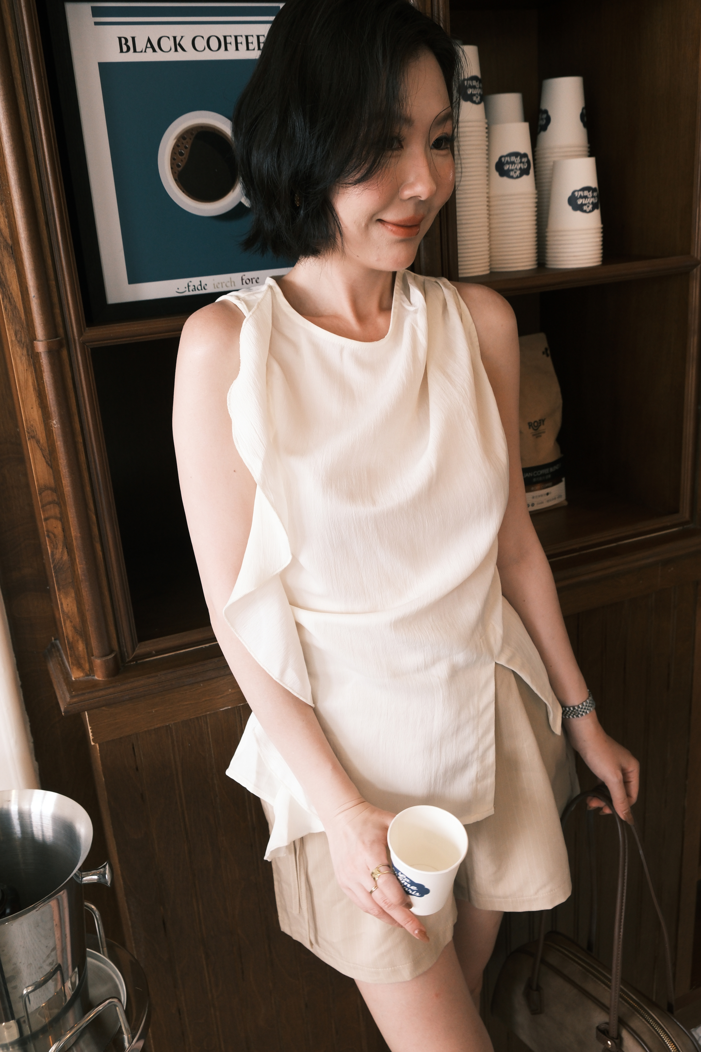 Celeste Draped Ruffle Top in Beige