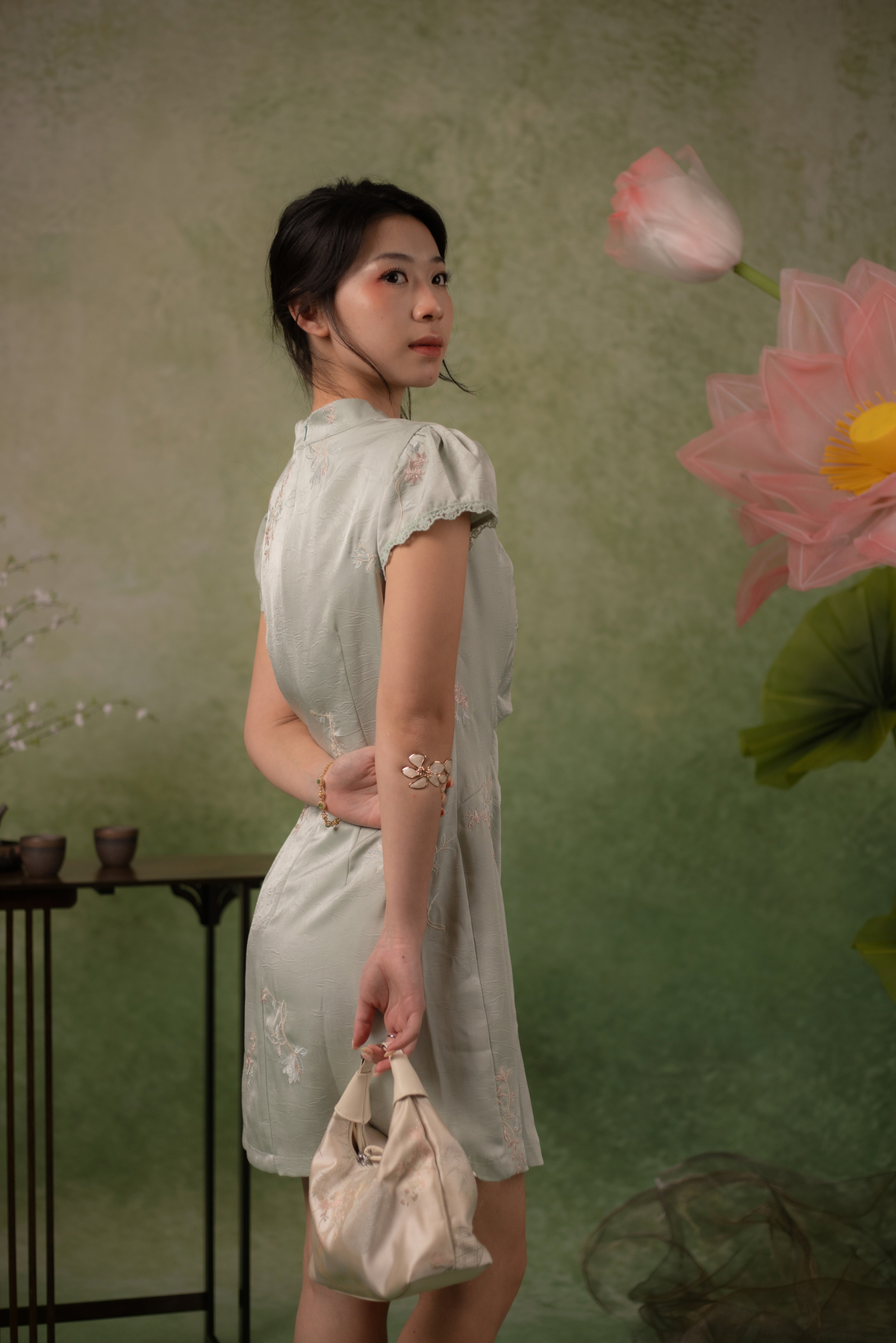 Jasmine Blossom Cheongsam Dress in Sage