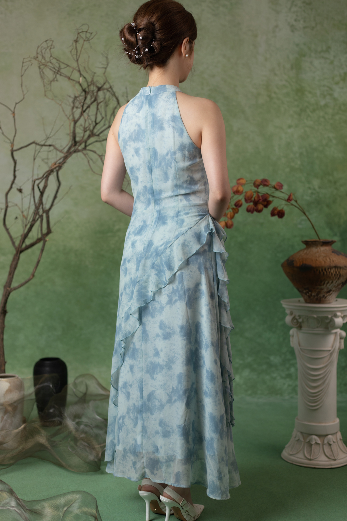 Rosalie Rêve Ruffle Cheongsam Dress in Dusty Blue