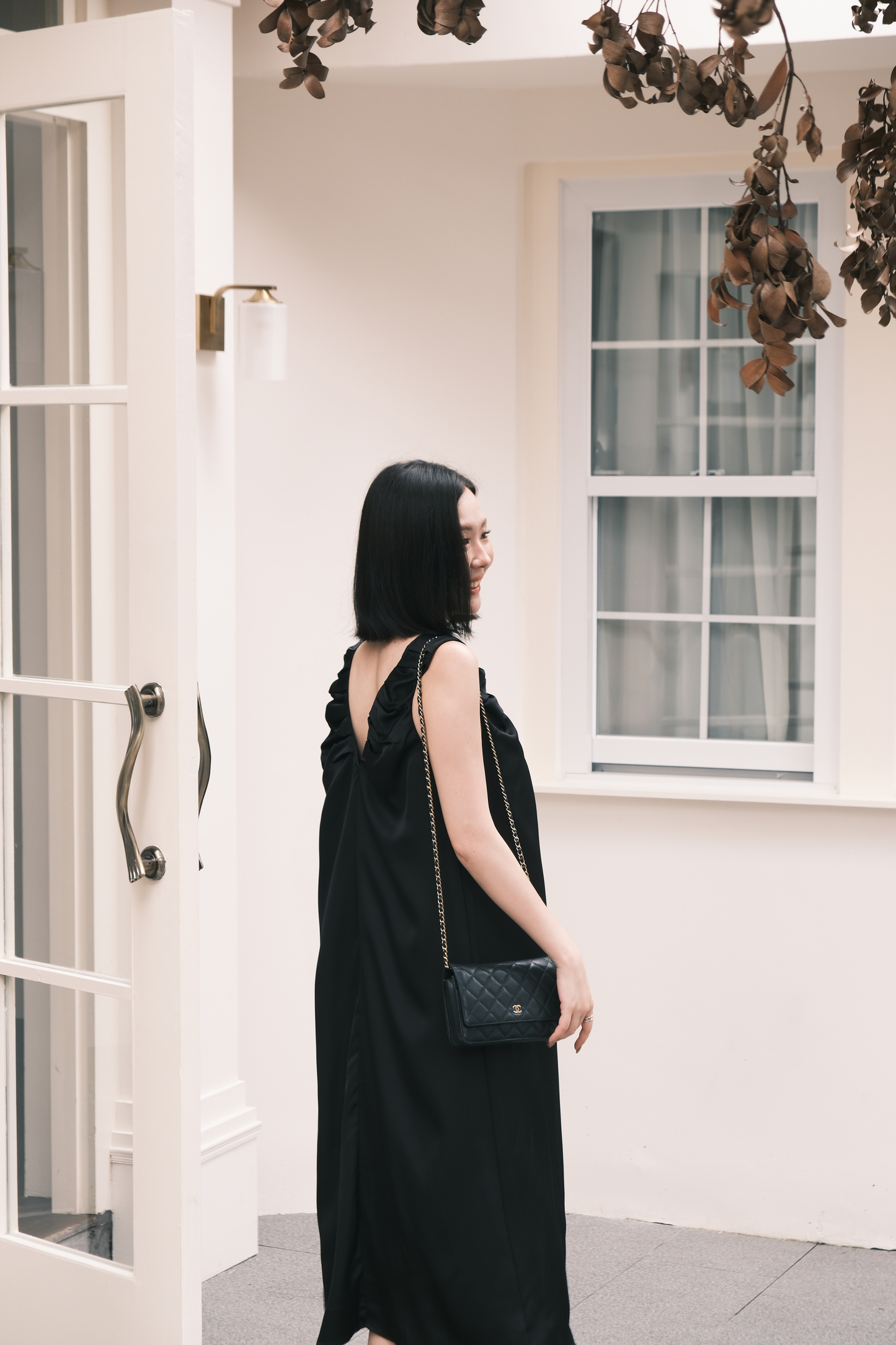 Lumière Ruched Satin Slip Dress in Black