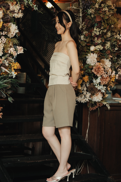 Isaline Ruched Back Tube Blouse in Beige