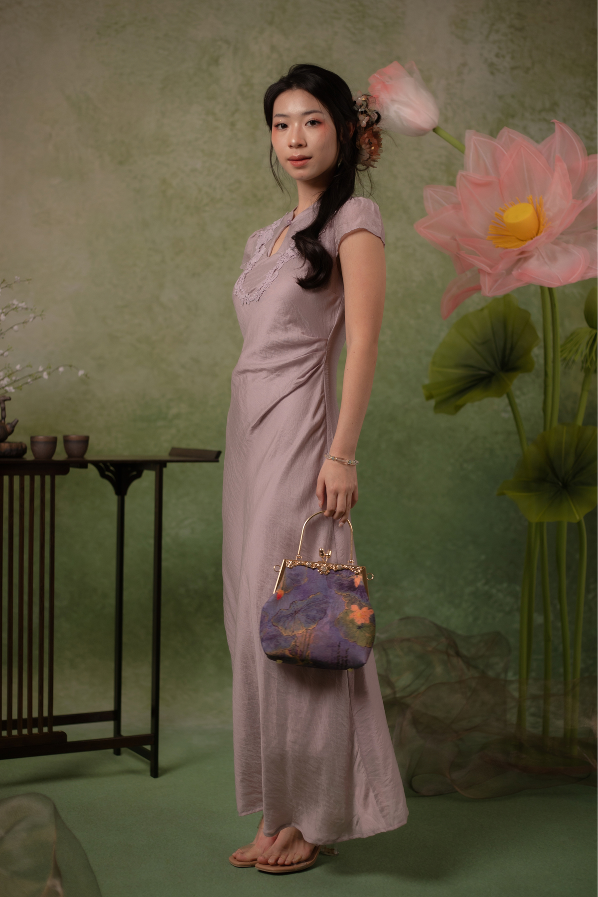 Serene Bloom Cheongsam Dress in Dusty Mauve