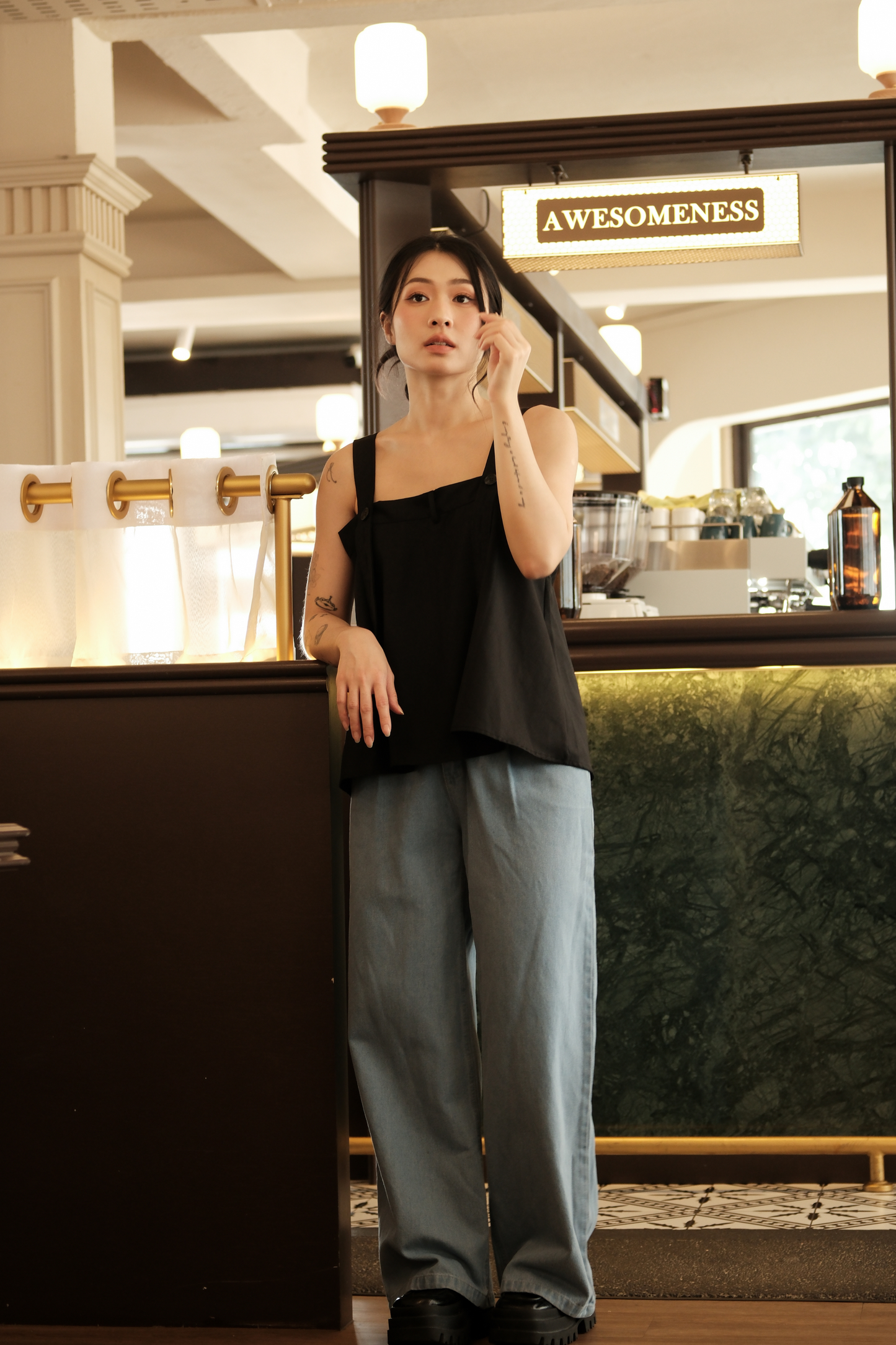 Sabine Button-Front Swing Cami Top in Black