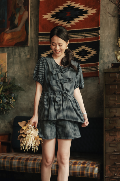 Maëlle Bow Tie Stripe TwinSet in Grey Black