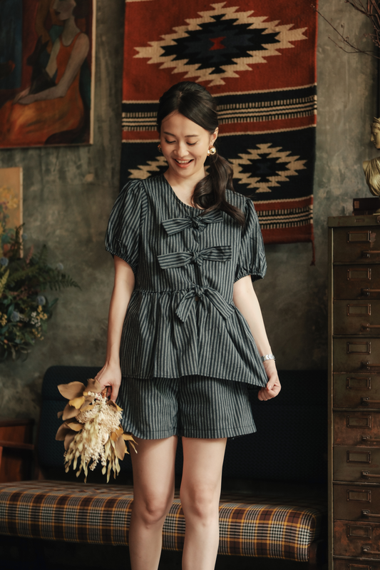 Maëlle Bow Tie Stripe TwinSet in Grey Black