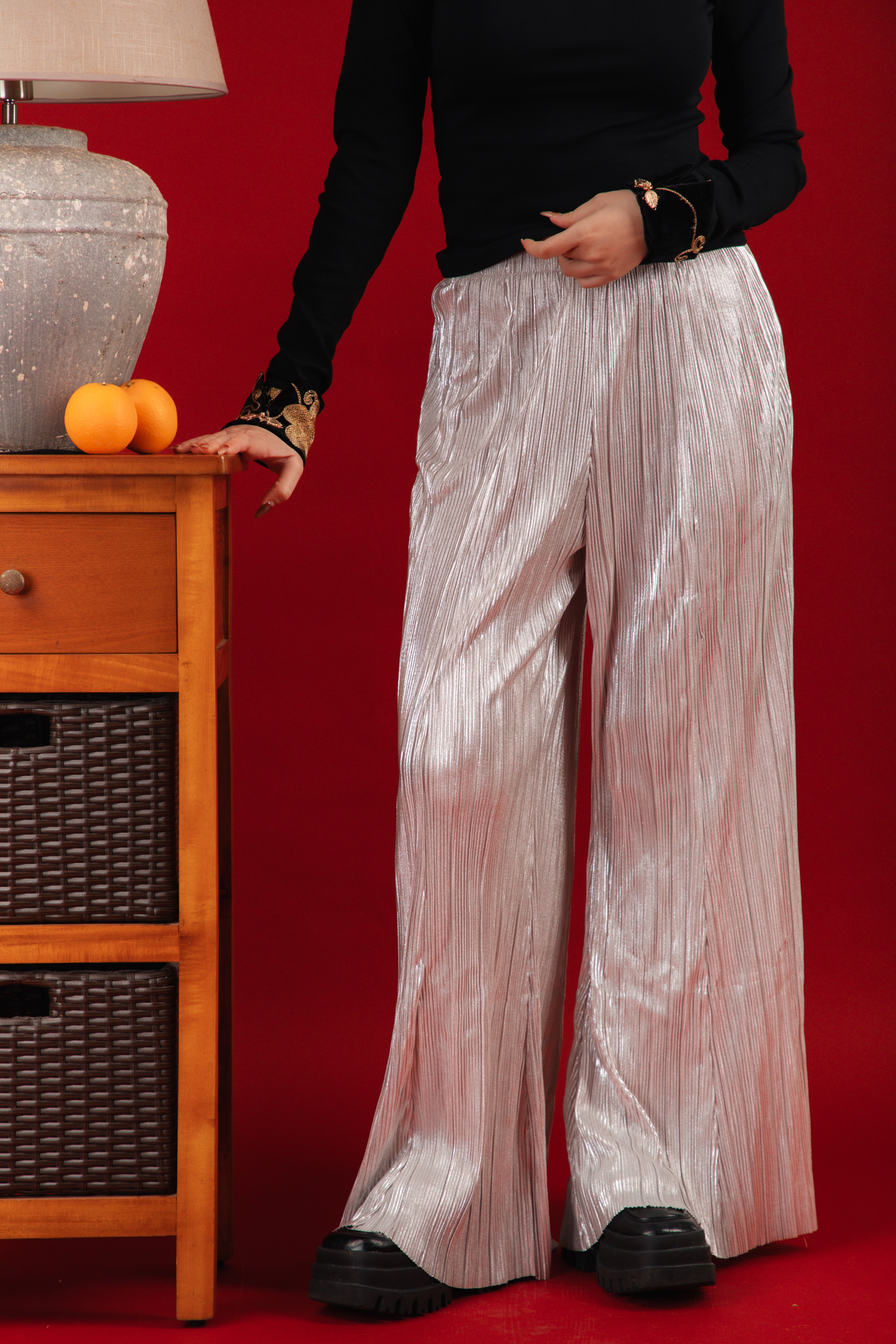 Aurora Sheer Embroidered Cheongsam Top/Pleated Pants