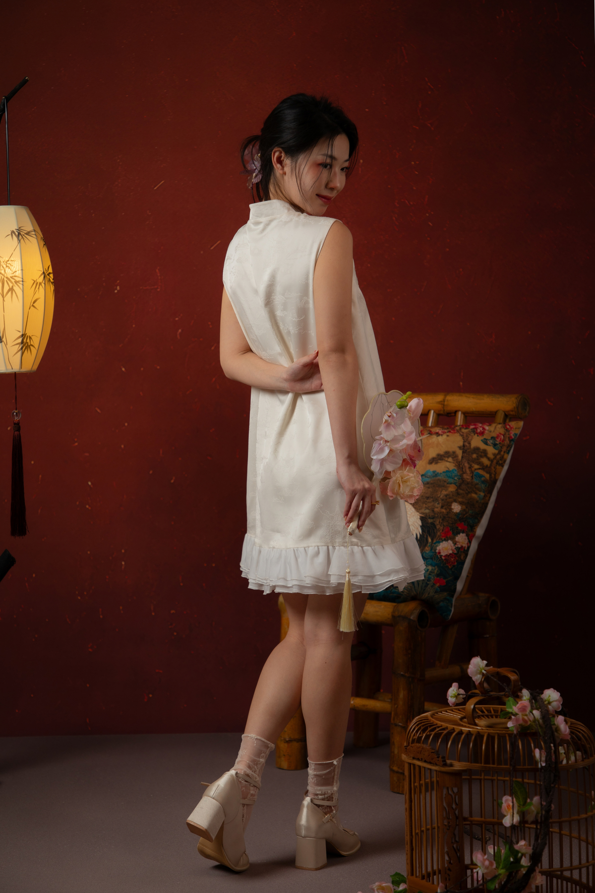 Butterfly Bloom Ruffle Cheongsam Dress in White