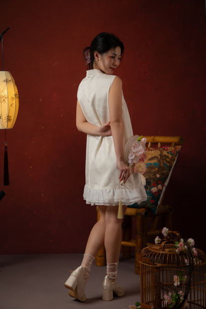 Butterfly Bloom Ruffle Cheongsam Dress in White