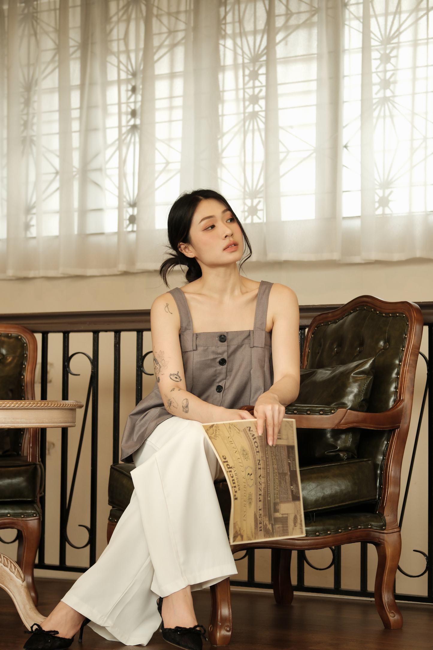 Sabine Button-Front Swing Cami Top in Grey