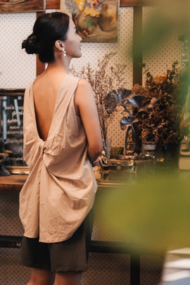 Inès Draped Back Knot Top in Beige
