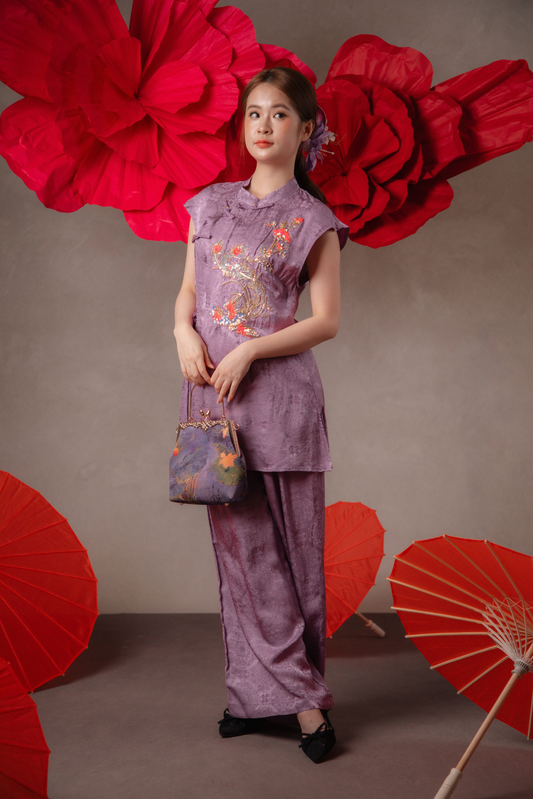 Talia Golden Cheongsam Top & Pants Set in Mauve