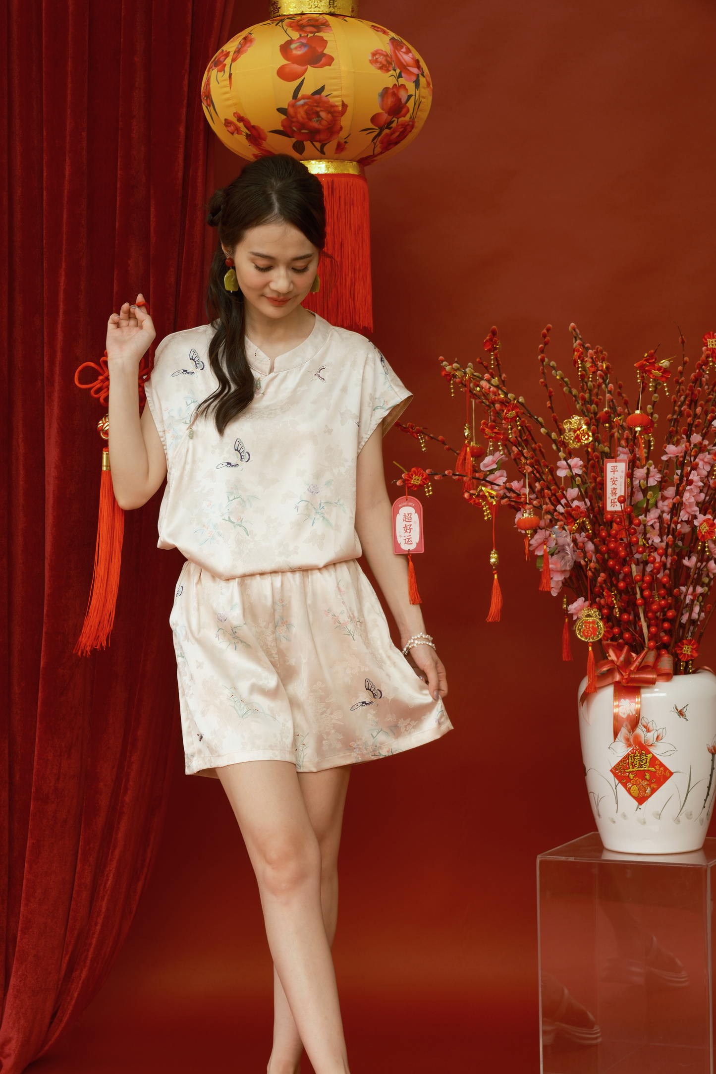 Lucille Butterfly Satin Set in Beige