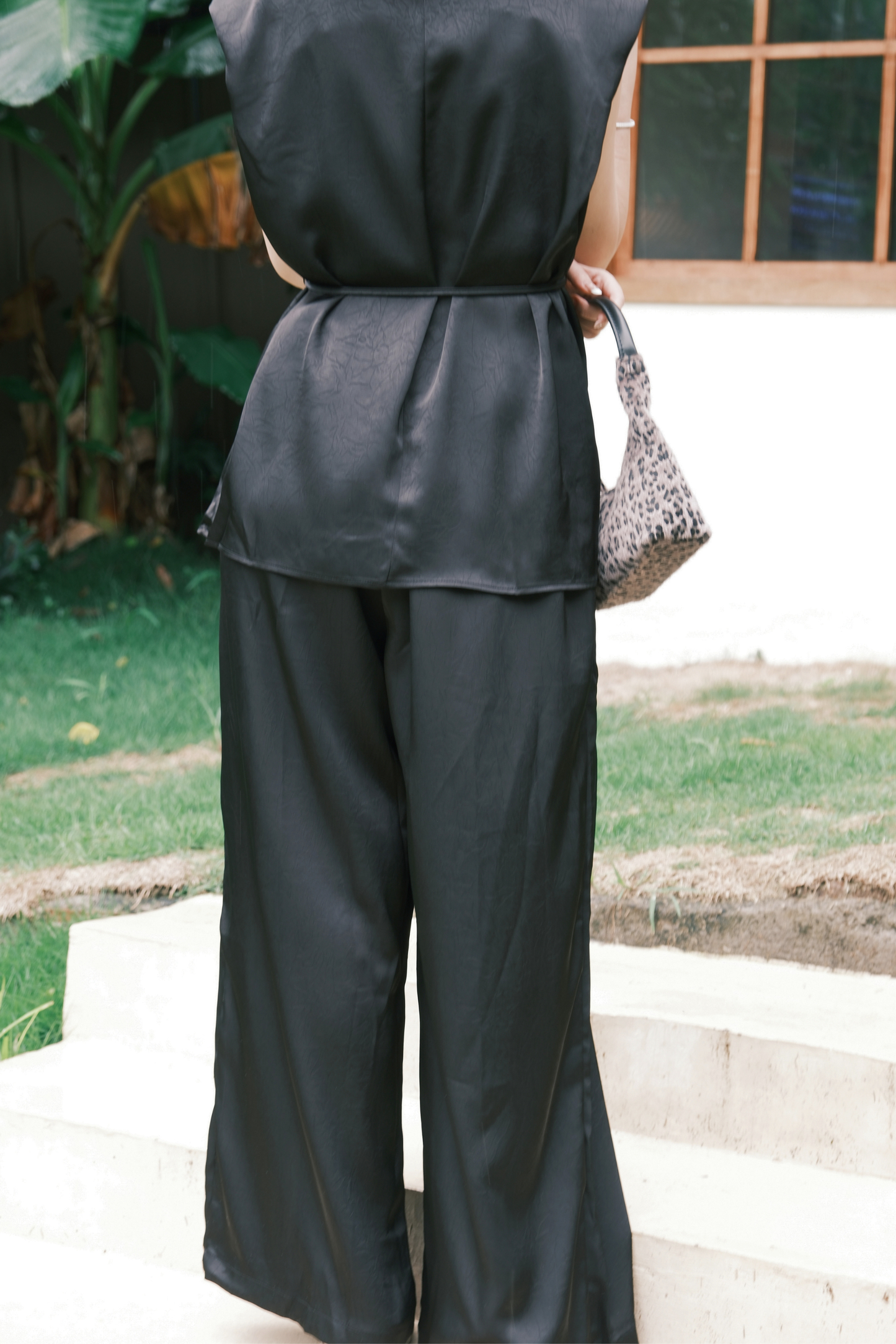 Olienne Satin Wrap Set in Black
