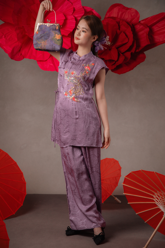 Talia Golden Cheongsam Top & Pants Set in Mauve