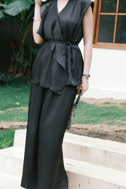 Olienne Satin Wrap Set in Black