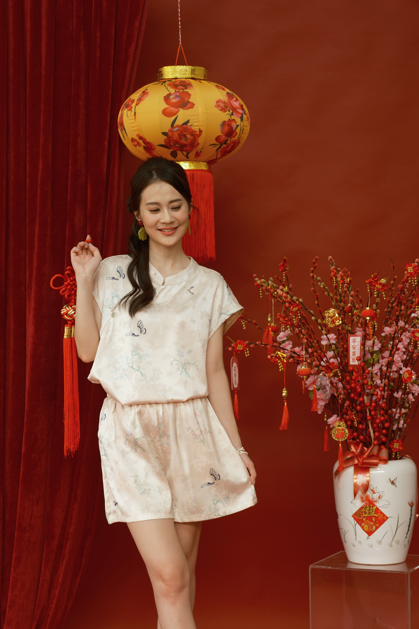 Lucille Butterfly Satin Set in Beige