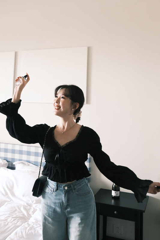 Lace-Trim Puff Sleeve Peplum Blouse in Black