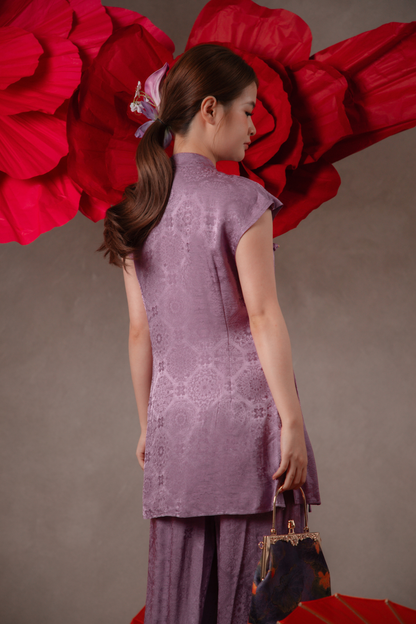 Talia Golden Cheongsam Top & Pants Set in Mauve