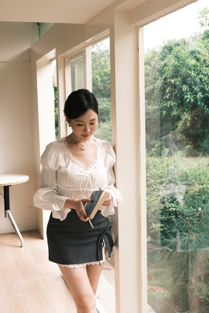 Lace-Trim Puff Sleeve Peplum Blouse in White