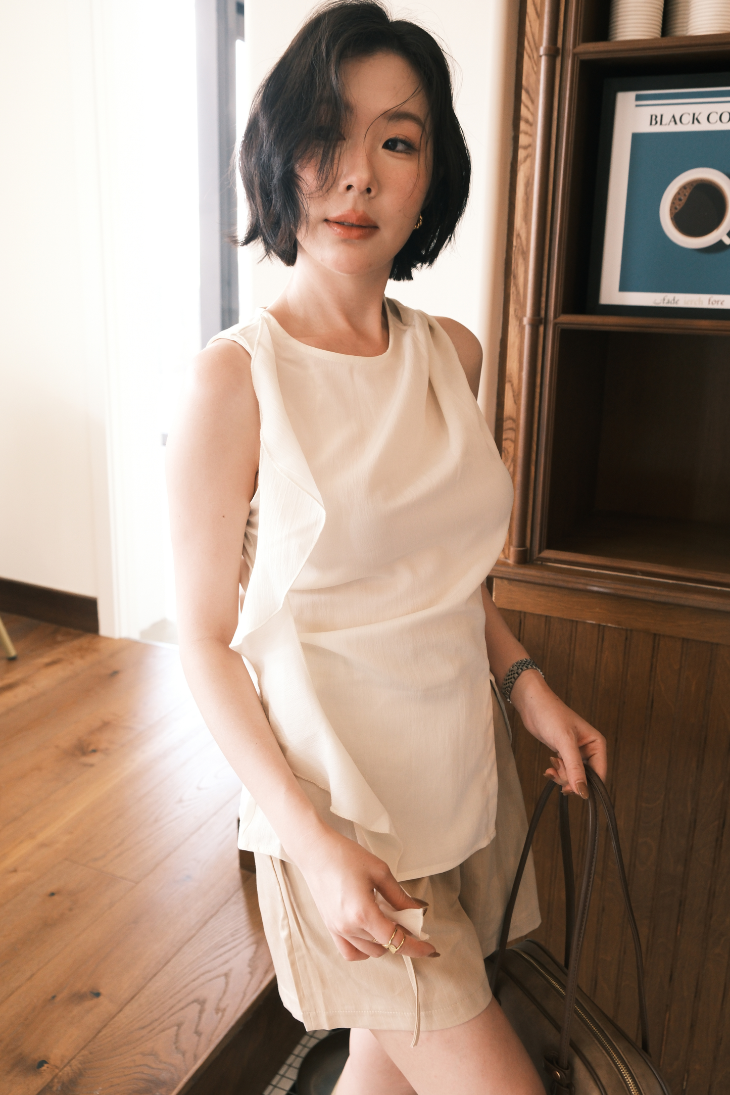 Celeste Draped Ruffle Top in Beige