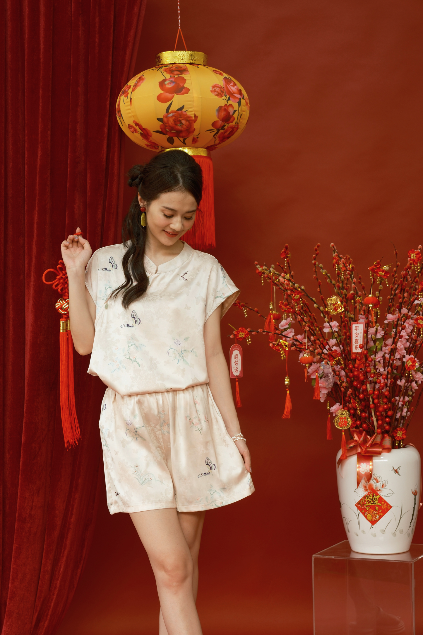 Lucille Butterfly Satin Set in Beige