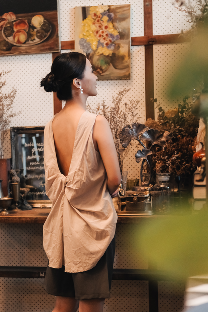 Inès Draped Back Knot Top in Beige