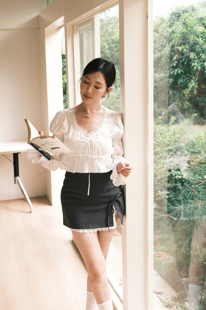 Lace-Trim Puff Sleeve Peplum Blouse in White