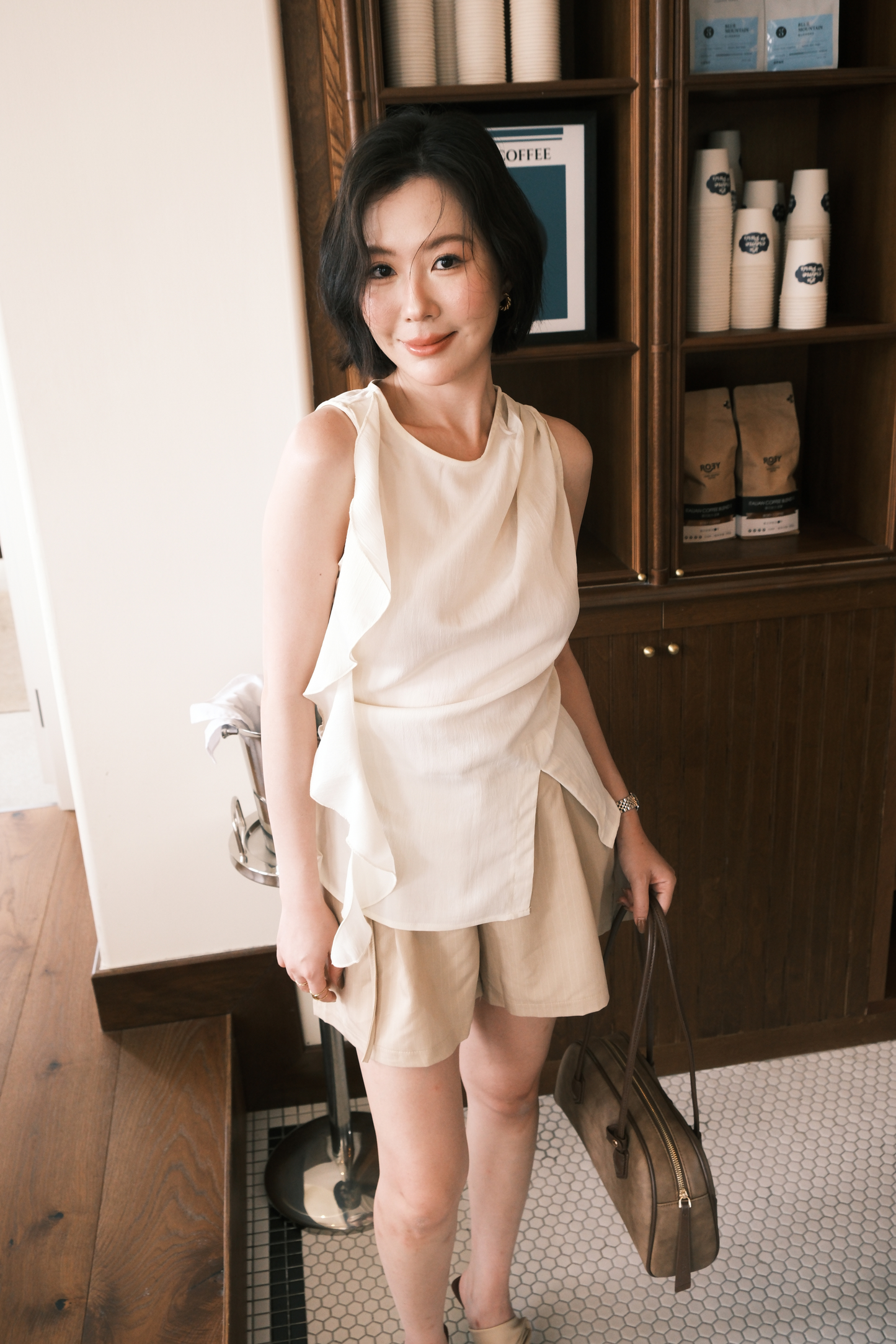 Celeste Draped Ruffle Top in Beige