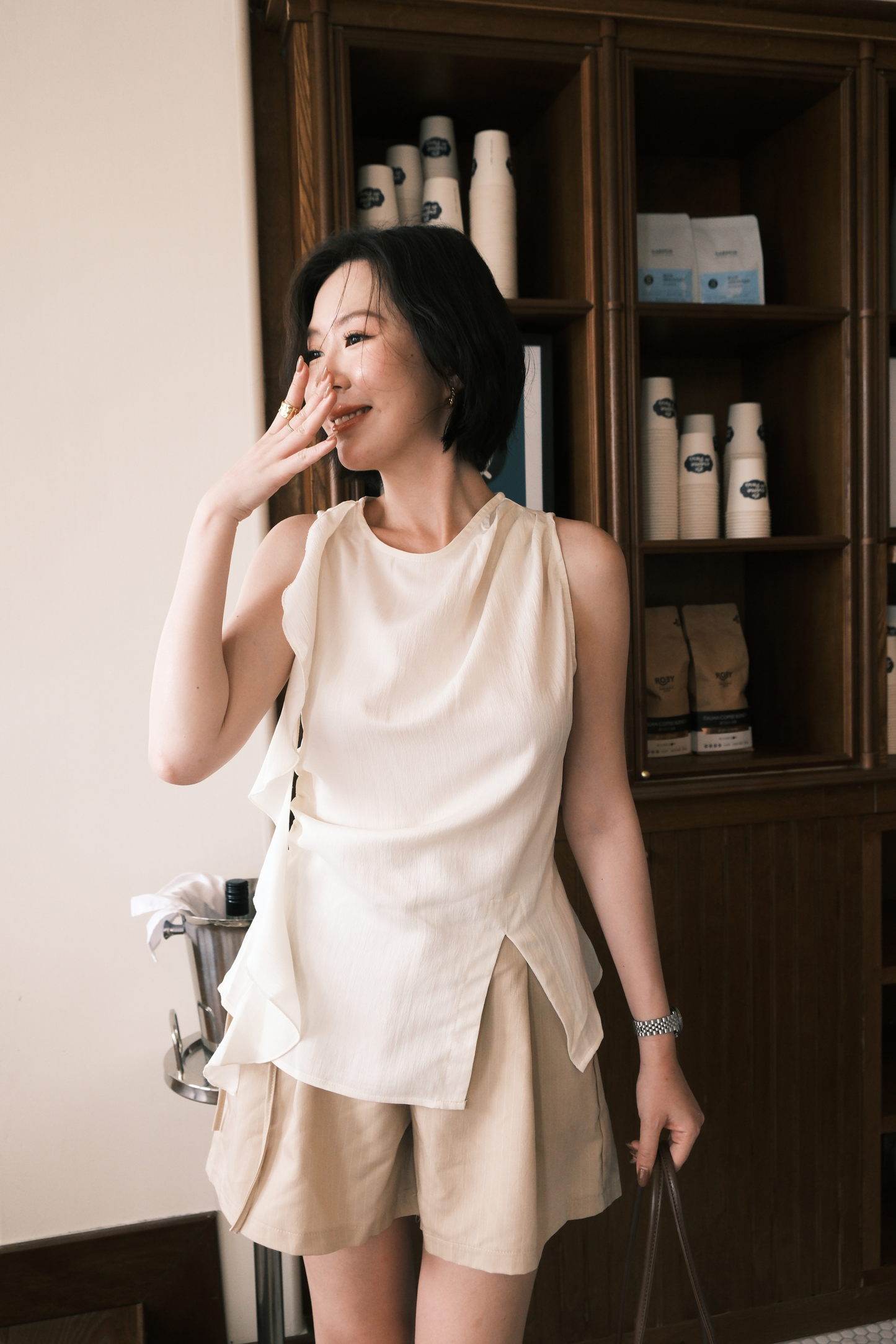 Celeste Draped Ruffle Top in Beige