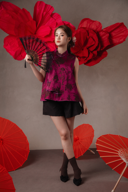 Corinne Peony Cheongsam Top in Magenta